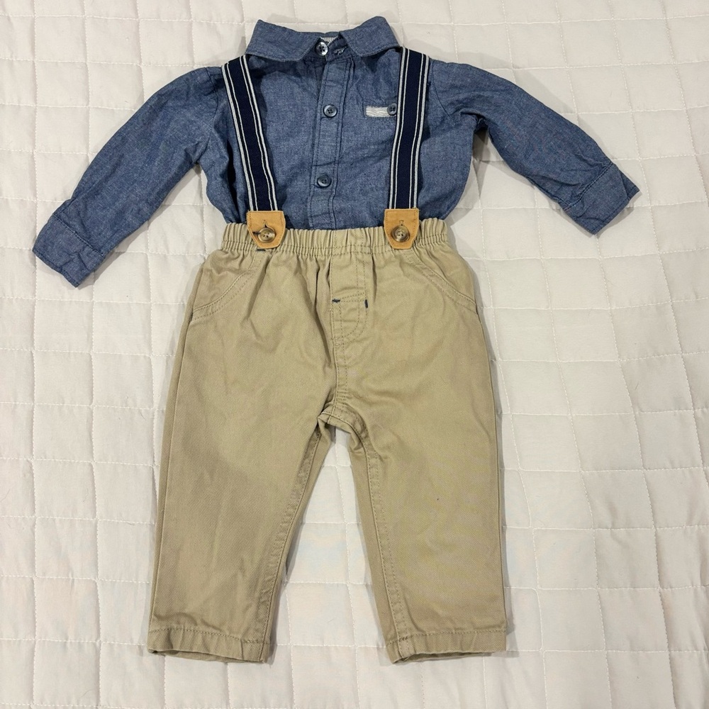 Little Lad Dressy Collared Button Up Onesie Khaki Pants with Suspenders 6-9M